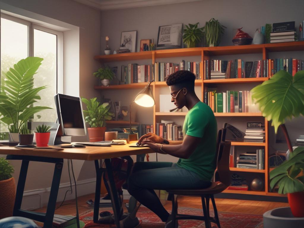 A detailed photorealistic image of a young Nigerian freelancer working