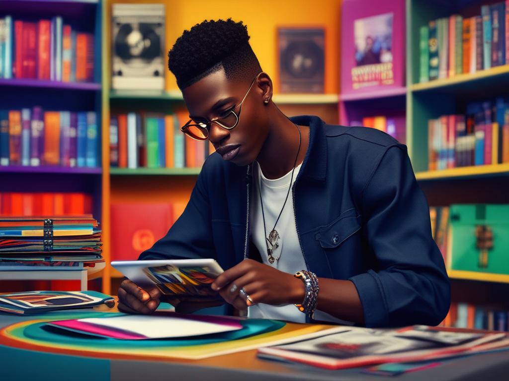 A photorealistic image of a young Nigerian musician confidently browsing