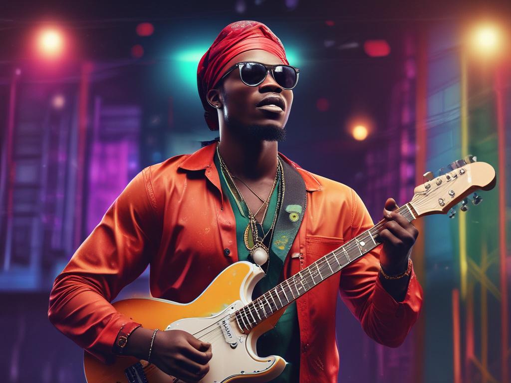 A photorealistic image of a Nigerian musician performing on a