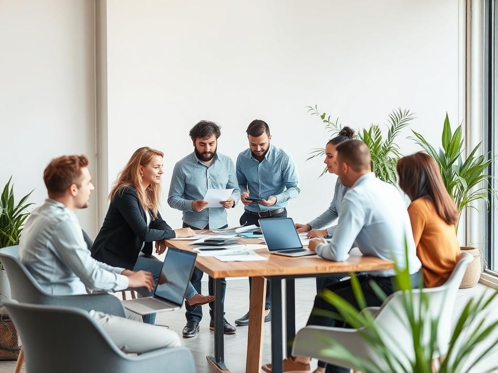 A professional team meeting in a modern office, featuring a diverse group of individuals engaged in discussion around a table filled with documents and digital devices. The background should showcase a sleek, contemporary workspace with plants and natural light, emphasizing collaboration and innovation in the collision repair industry.