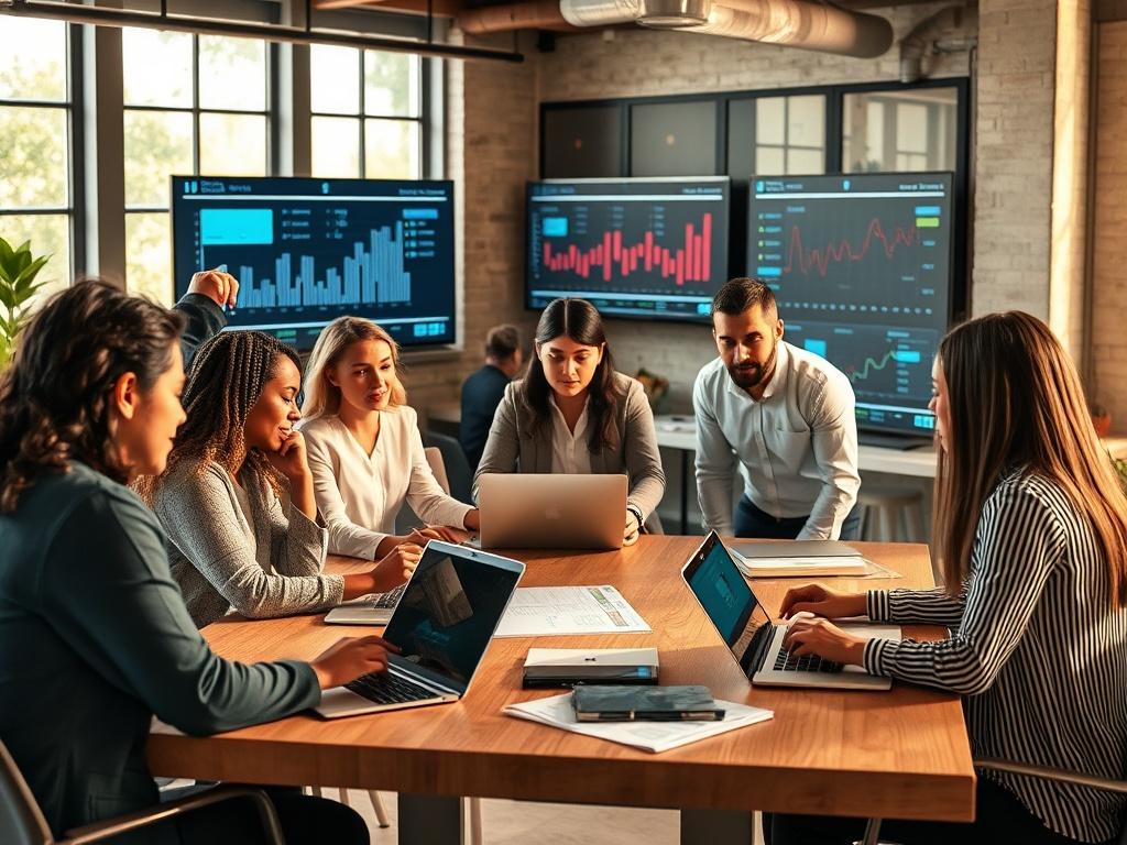 A professional and inviting office setting where a diverse team