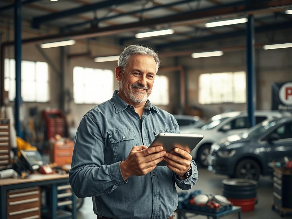 Create a realistic high-resolution photo that embodies the theme of "Enhancing Communication in Collision Repair." The composition should focus on a single subject: a confident auto body shop manager, a middle-aged person with a friendly demeanor, holding a tablet and reviewing a digital estimating platform in the workshop. 

The background should be a well-organized collision repair shop, featuring workstations with modern tools and equipment, along with partially repaired vehicles in the background. Natur