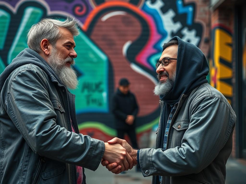A close-up shot of two artists shaking hands in an urban environment, showcasing trust and collaboration. The background features an artistic mural, symbolizing creativity. The focus is on their expressions, conveying a sense of partnership and mutual respect. The colors are vibrant and engaging, complementing the primary color rgb(2, 86, 197). Shot with a 45mm f/1.2 lens.