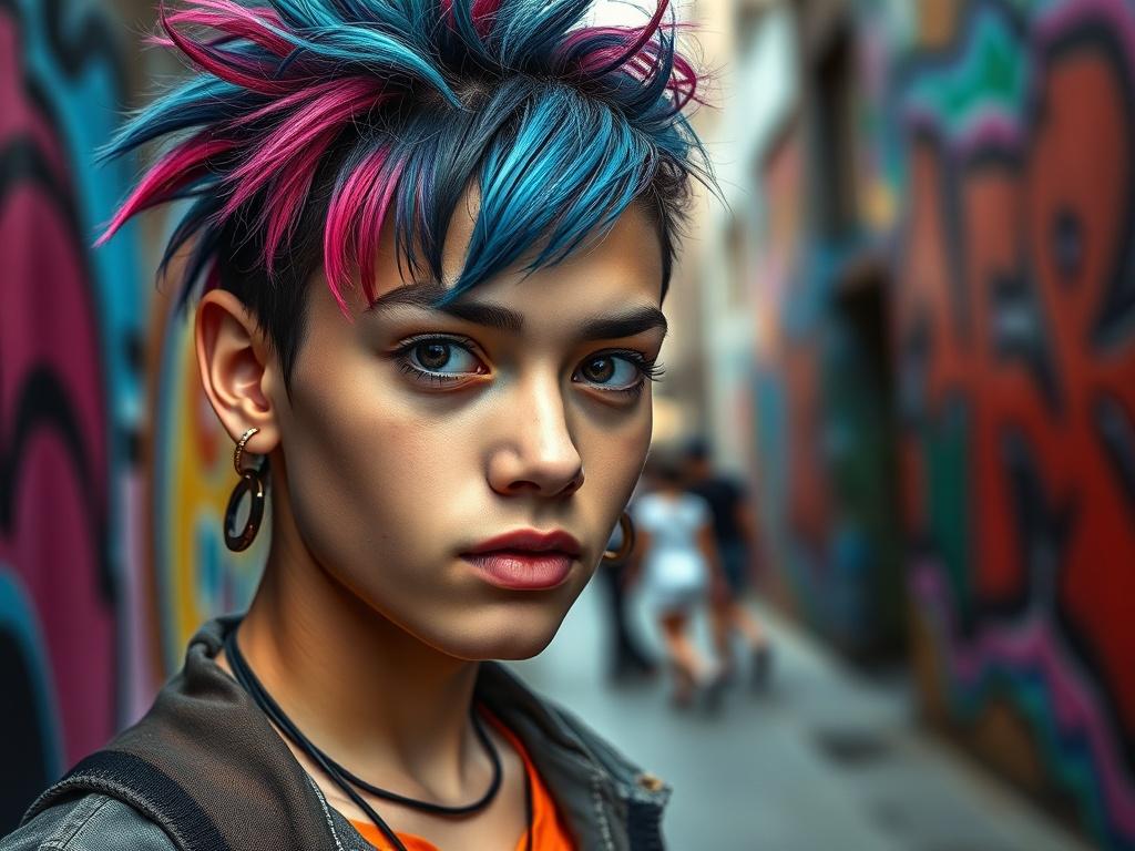 A close-up shot of a confident young artist with vibrant hair and unique fashion, standing in an urban setting, with a look of determination. The background shows colorful street art, reflecting creativity and self-expression. The focus is sharp on the artist's facial expression, while the colors are vivid, harmonizing with the primary color rgb(2, 86, 197). Shot with a 45mm f/1.2 lens.