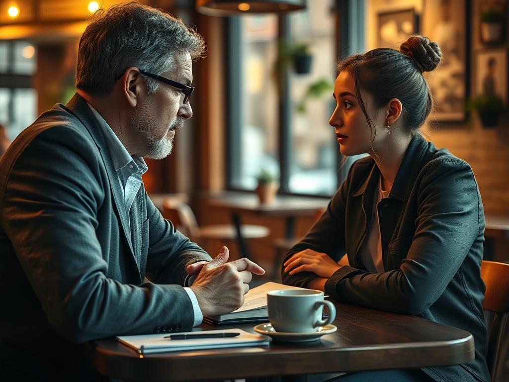 A close-up shot of a professional mentor and a young artist engaged in a discussion at a cozy café, with a notebook and coffee cups on the table. The mentor is offering advice, while the artist listens intently, showcasing a collaborative atmosphere. The lighting is warm, enhancing the focus on their interaction, with colors that harmonize with rgb(2, 86, 197). Shot with a 45mm f/1.2 lens.