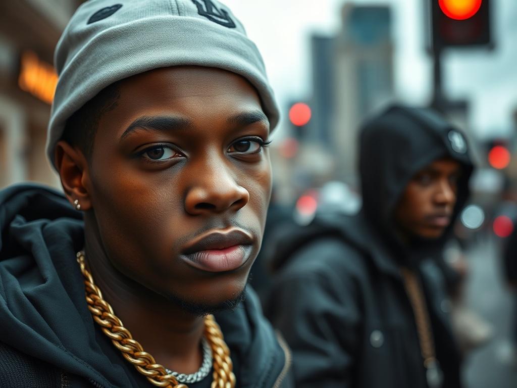 A close-up shot of a confident young rapper with a unique style, showcasing their personality and flair. The background should be a blurred urban landscape, emphasizing the vibrant atmosphere of the music scene. The image should convey energy and individuality, shot with a 45mm f/1.2 lens in high resolution.