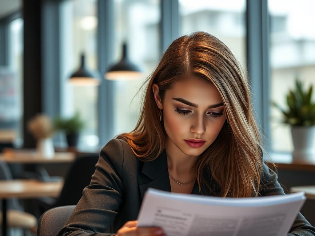 A close-up shot of a young female model deep in thought while reviewing a career development plan. The background should feature a stylish, modern workspace, reflecting a professional environment. The image should convey focus and ambition, shot with a 45mm f/1.2 lens in high resolution.