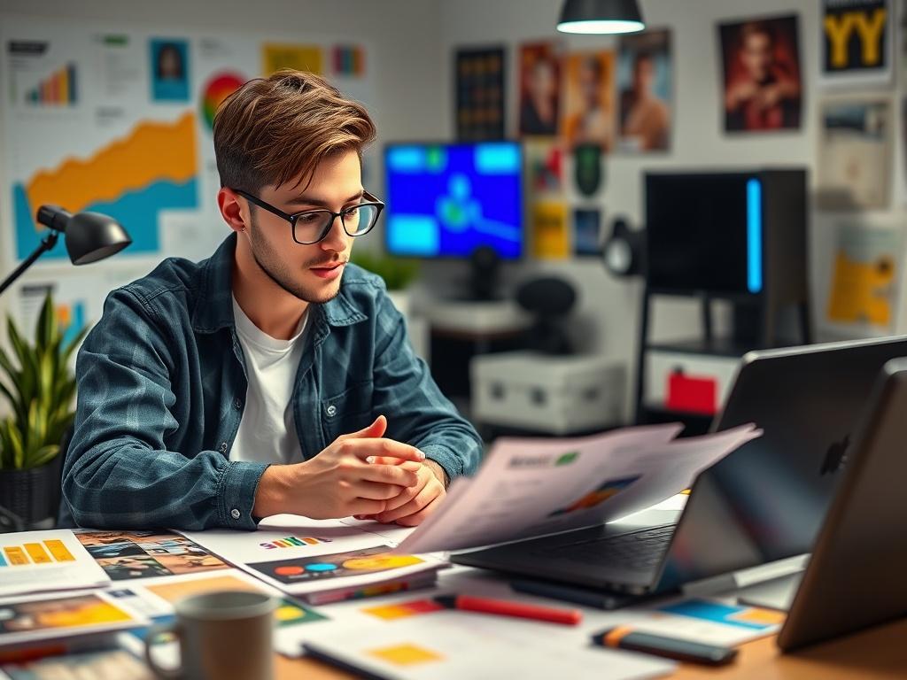 A close-up shot of a young influencer strategizing a branding campaign with vibrant visuals around them. The background should depict colorful marketing materials spread across a desk, reflecting creativity and inspiration. The image should convey excitement and innovation, shot with a 45mm f/1.2 lens in high resolution.