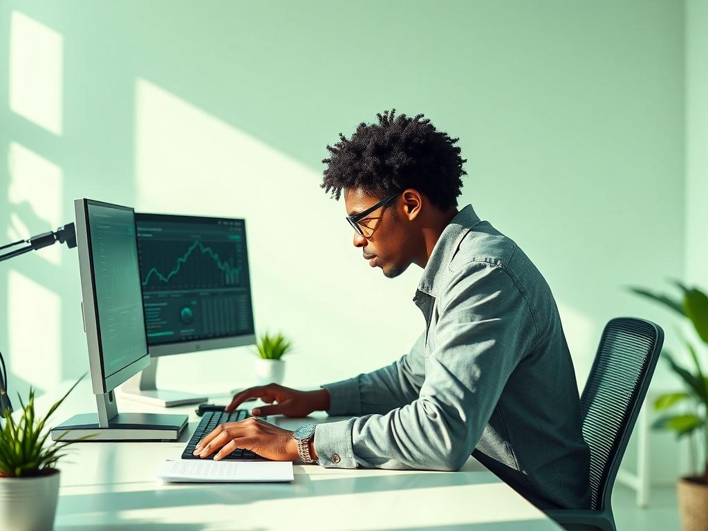 A black techie working intently at a sleek desk with dual monitors displaying analytics and digital marketing data. The room is bright, featuring soft green tones and natural lighting, creating a fresh and inviting atmosphere. The techie is focused, wearing casual yet professional attire, surrounded by minimalistic decor that reflects a modern workspace.