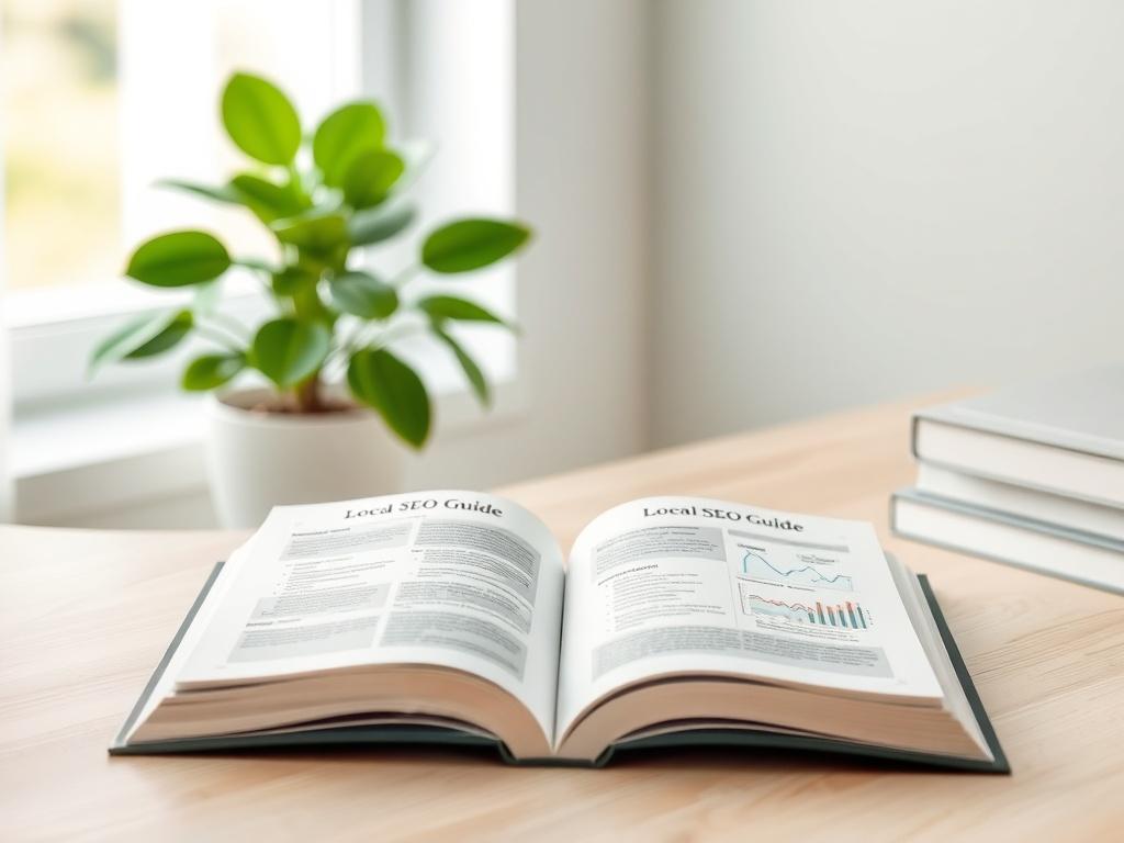 A realistic high-resolution photo of an open book titled 'Local SEO Guide' on a light wooden desk. The background features a soft green plant, natural lighting filtering through a window, and a minimalistic design. The book's pages are visible, showing well-organized content and diagrams, creating a clean and inviting atmosphere.