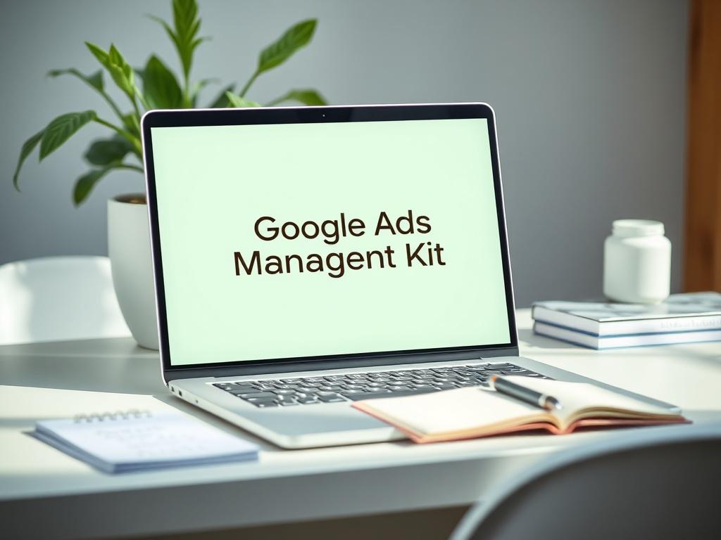 A realistic high-resolution photo of a laptop displaying a Google Ads Management Toolkit on the screen, set on a contemporary desk. The scene includes a notepad with handwritten notes and a green plant in the background, creating a fresh and professional workspace.