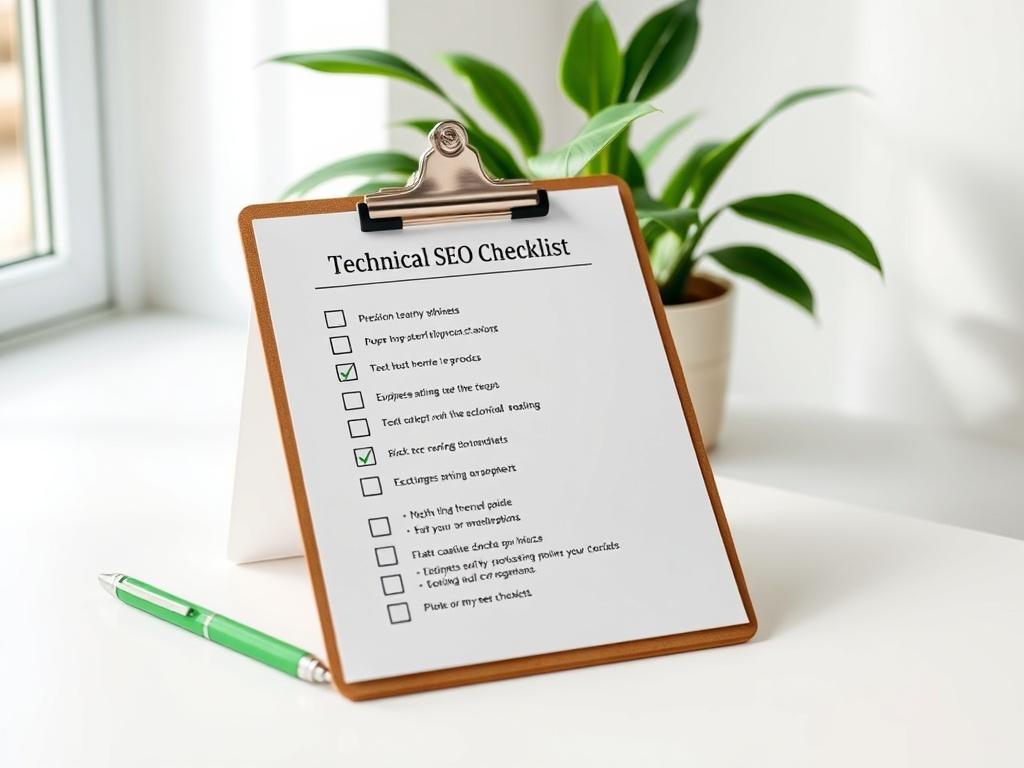 A realistic high-resolution photo of a clipboard with a Technical SEO Checklist on it, placed on a clean white desk. The checklist features neatly organized items with checkmarks, and a green pen lying beside it. In the background, there is a soft green plant and natural light enhancing the professional ambiance.