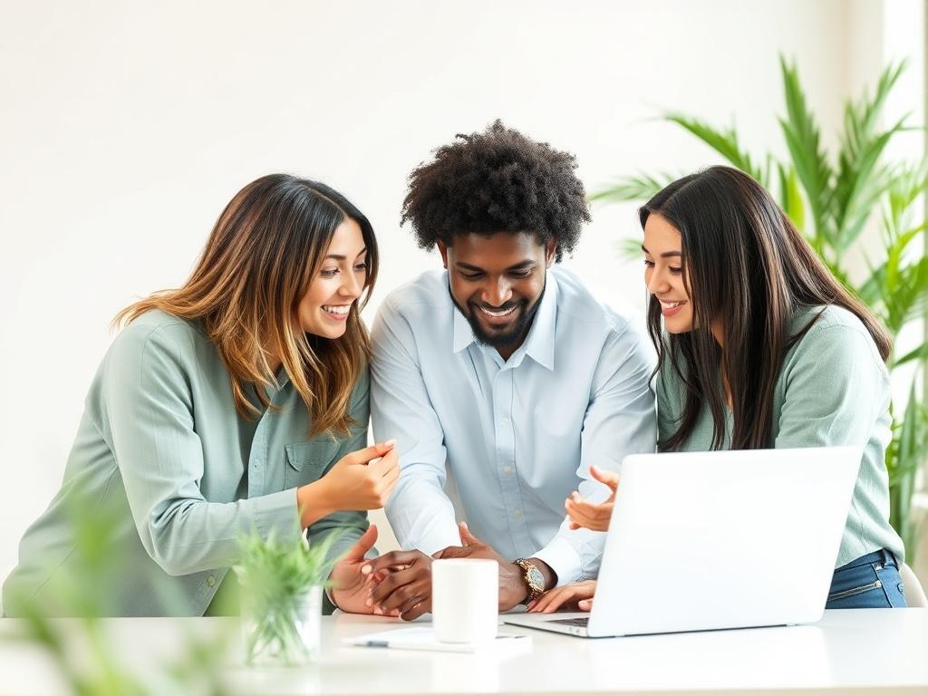 A realistic high-resolution photo showcasing a diverse group of digital marketing professionals collaborating in a bright, modern office environment. The scene should depict them engaged in a discussion around a laptop, with soft green tones and natural lighting creating an inviting atmosphere. The background should be minimalistic, featuring plants or greenery to enhance the professional yet approachable vibe.