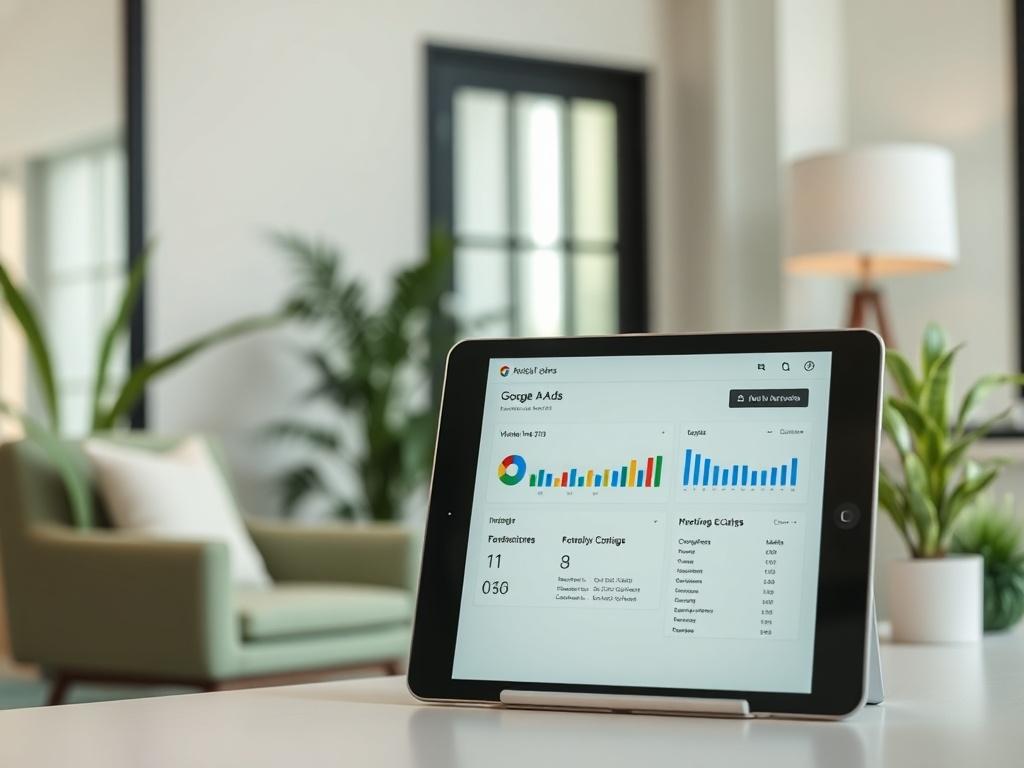 An inviting office space featuring a tablet showing insights from a Google Ads campaign. The background should have soft green elements, such as a small plant and a stylish lamp, enhancing the professional atmosphere.