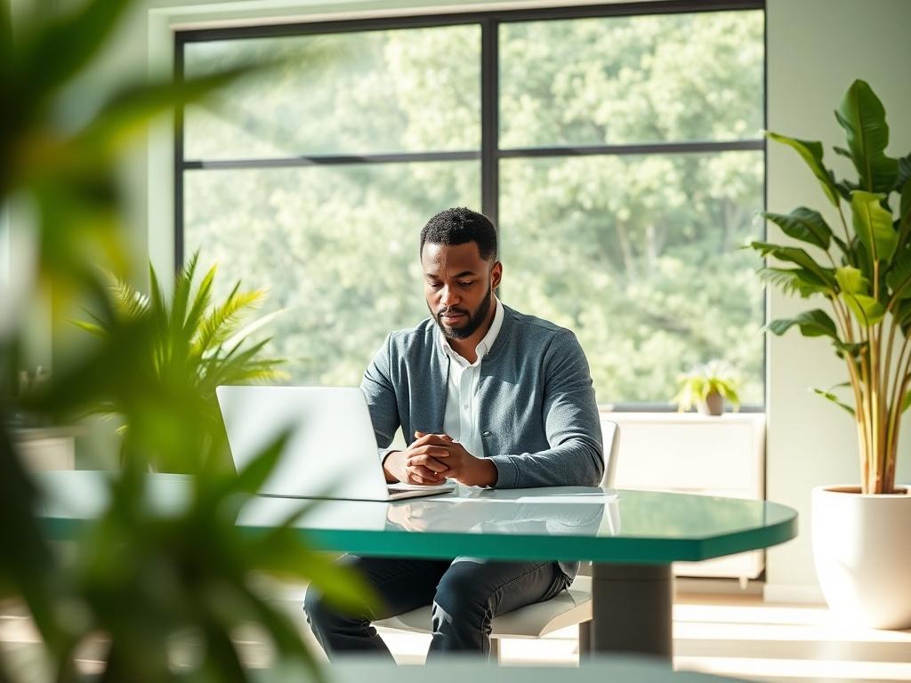 A black techie working in a modern office environment. The scene should depict a focused individual sitting at a sleek desk with a laptop open, surrounded by greenery and natural light filtering through large windows. The office should feature minimalistic decor with soft green tones, creating a fresh and inviting atmosphere. The techie is engaged in a task, showcasing a professional yet approachable demeanor.