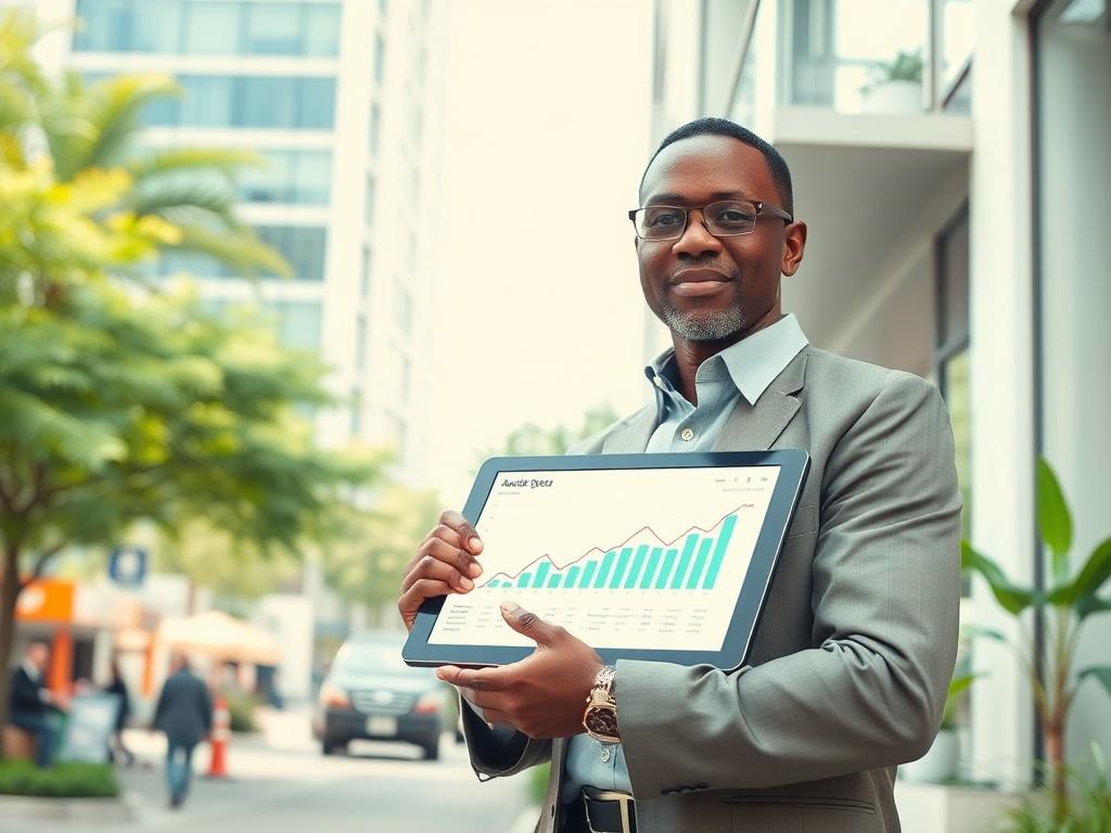 **AI Image Generation Prompt:**

Create a realistic high-resolution photo that visually captures the essence of the blog titled "How Strategic Local SEO Increased Organic Leads for a Lagos Business in 60 Days." The composition should be simple and clear, featuring a single subject: a focused professional, a middle-aged Nigerian man, standing confidently in front of a modern office building in Lagos. He is dressed in smart casual attire, holding a tablet displaying analytics data, symbolizing success in digi