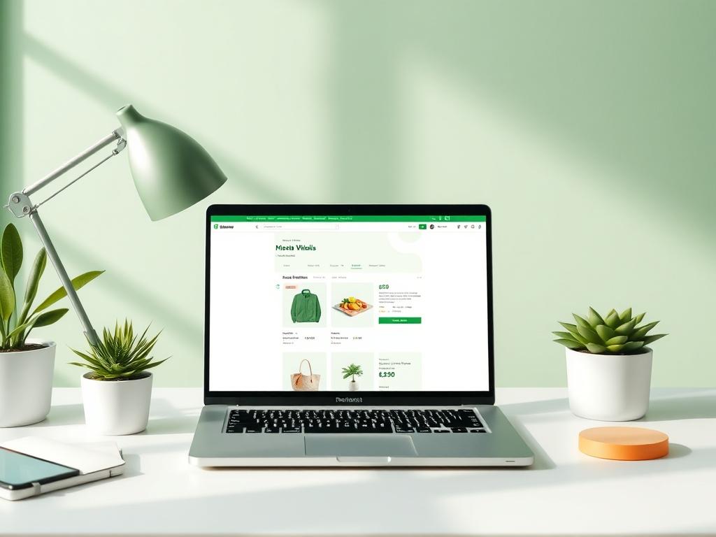 A high-resolution image of a modern e-commerce workspace featuring a sleek laptop displaying an attractive product page. The setting should include soft green tones with natural lighting, creating a fresh and inviting atmosphere. A minimalistic design with a clean desk and a few well-placed plants enhances the professional yet approachable vibe.