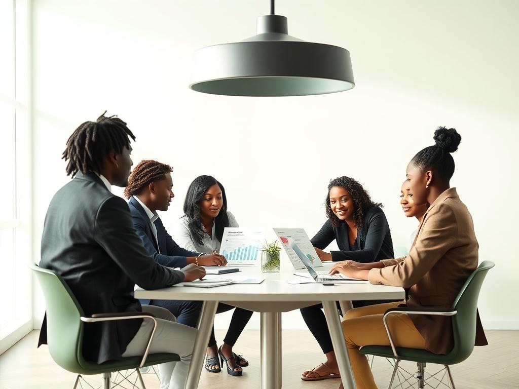 A collaborative team meeting around a workspace table, reviewing marketing strategies and performance reports. The team consists of a diverse group of engaged black professionals, showcasing teamwork, expertise, and strategic planning. The workspace is modern and inviting, featuring natural lighting and soft green tones. The background is minimalistic, emphasizing the focus on the team's interaction and collaboration.