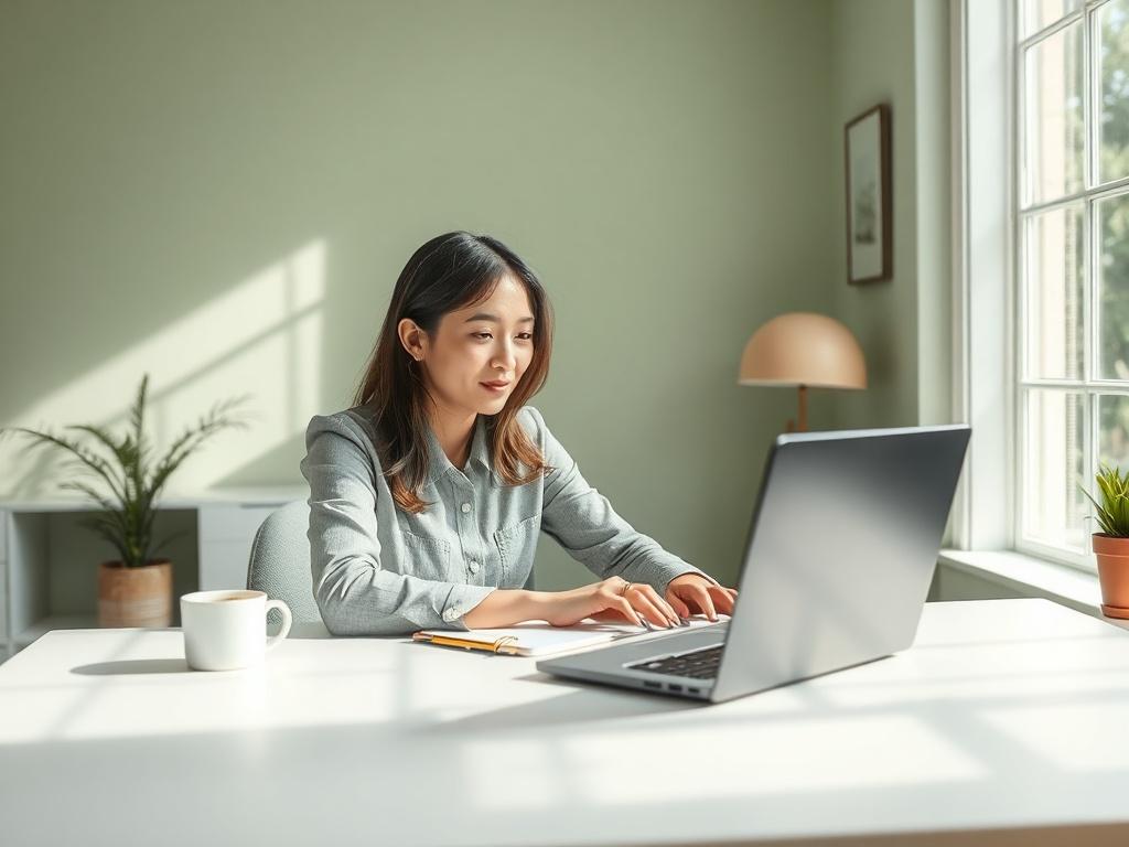 Create a realistic high-resolution photo that captures the essence of a small business owner engaging with their digital presence. The composition should feature a single subject, a confident young businesswoman, sitting at a minimalistic desk adorned with a laptop, a notepad, and a cup of coffee. She should be intently focused on the screen, reflecting a sense of discovery as she explores local SEO strategies. 

The background should portray a bright and airy workspace with soft green tones, complemented b