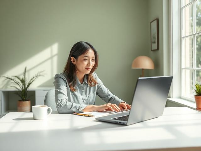 Create a realistic high-resolution photo that captures the essence of a small business owner engaging with their digital presence. The composition should feature a single subject, a confident young businesswoman, sitting at a minimalistic desk adorned with a laptop, a notepad, and a cup of coffee. She should be intently focused on the screen, reflecting a sense of discovery as she explores local SEO strategies. 

The background should portray a bright and airy workspace with soft green tones, complemented b