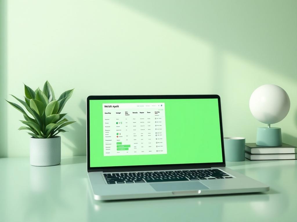 A modern workspace featuring a laptop displaying a website audit report on the screen. The background has soft green tones with natural lighting, creating an inviting atmosphere. The composition should be clean and minimalistic, focusing on the laptop and the audit report.