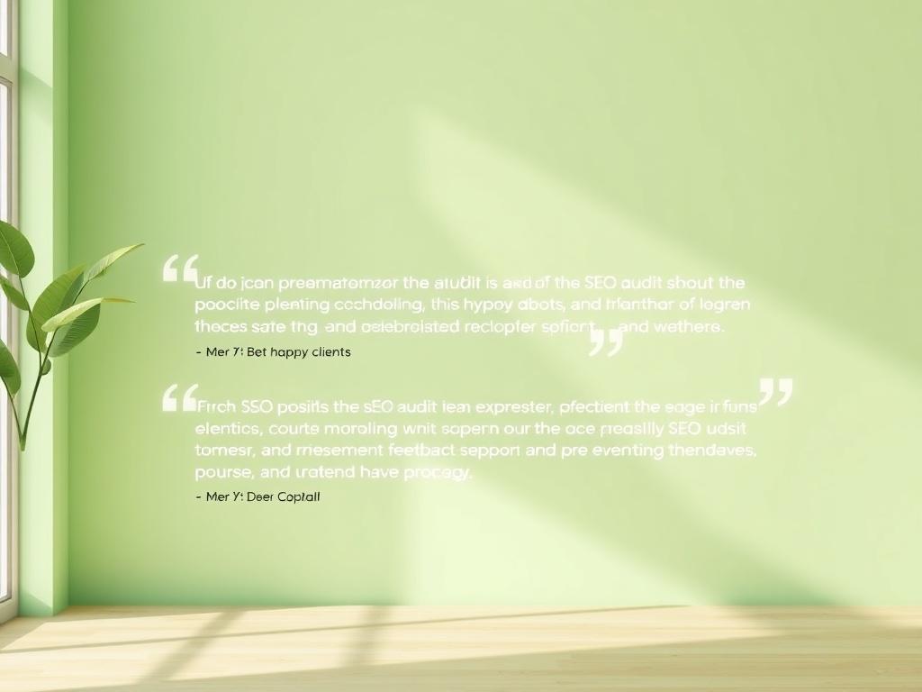A clean and inviting testimonial section featuring quotes from happy clients about the SEO audit experience. The background should have soft green tones, with a minimalistic layout that emphasizes readability and highlights the client's positive feedback.