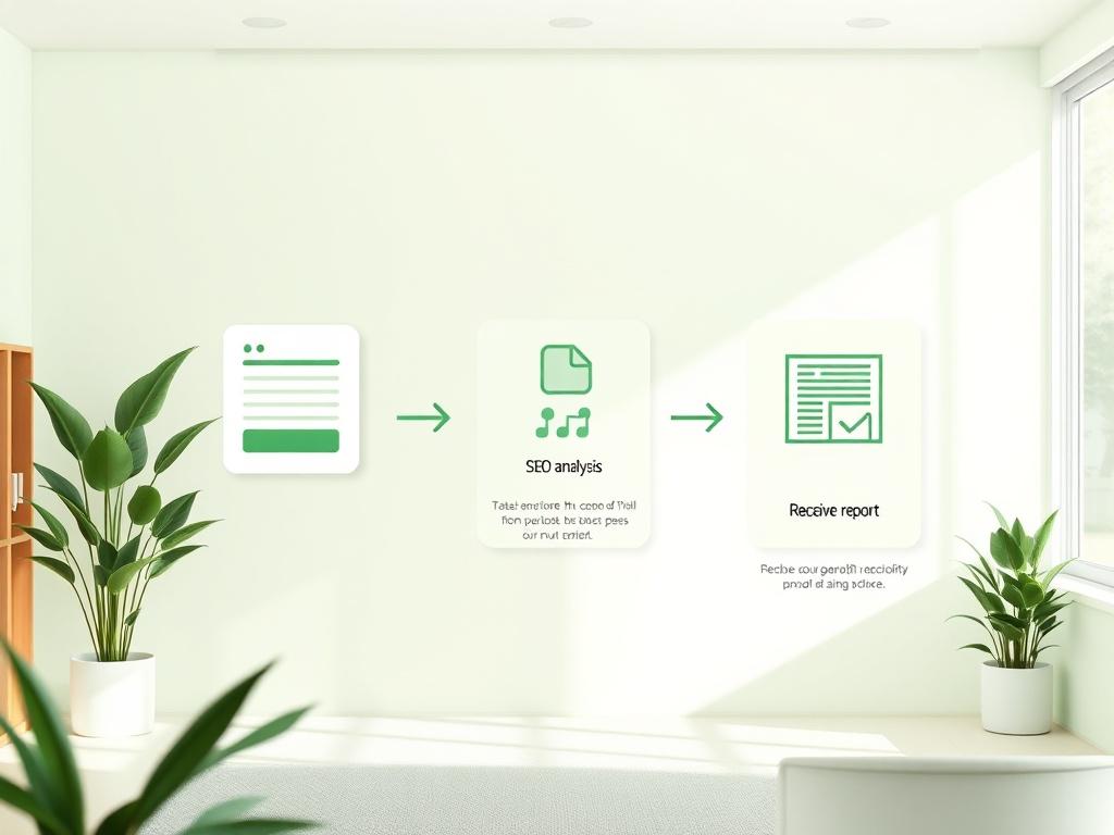 A clean and modern infographic illustrating a 3-step process: Step 1 - Fill out a form, Step 2 - SEO analysis, Step 3 - Receive report. The colors are soft green tones, with a minimalistic design that emphasizes clarity and ease of understanding.