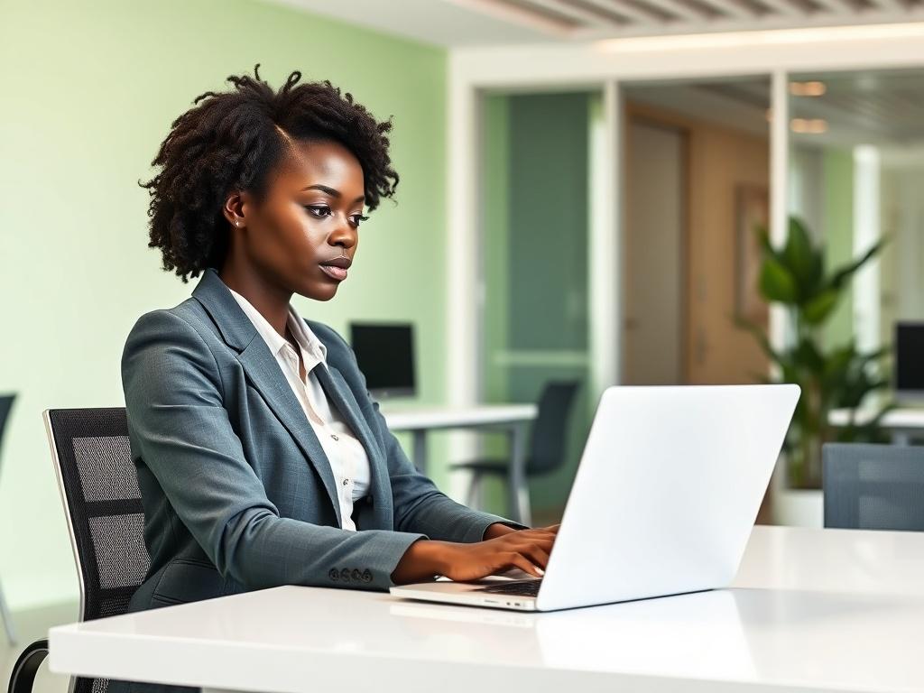 A black African female tech professional in a modern office setting, focused at her workspace. She is dressed in smart casual attire, sitting at a sleek desk with a laptop open in front of her. The background features a minimalistic office design with soft green tones and natural lighting, creating an inviting atmosphere. The scene captures her engaged in her work, symbolizing professionalism and expertise.