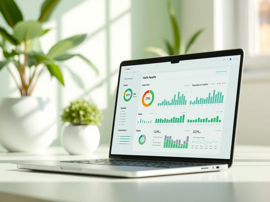 A close-up of a laptop screen displaying a technical health report with clear metrics and graphs. The surrounding environment is clean and green, featuring natural light and a minimalistic design for a professional feel.