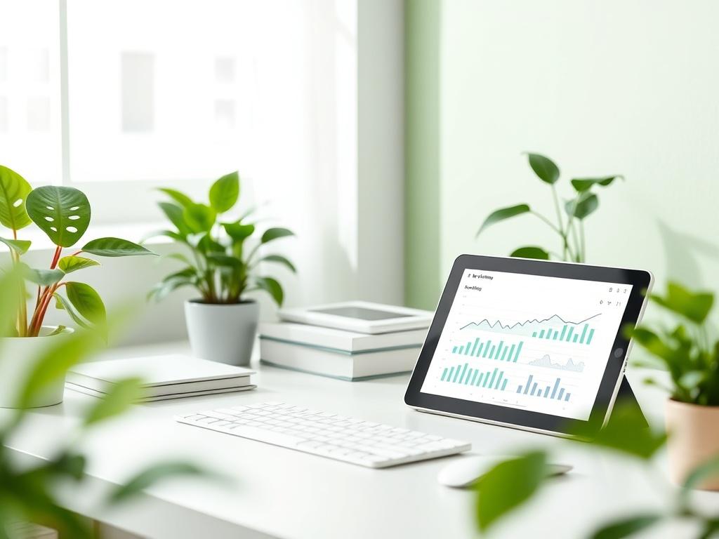 An organized desk setup featuring a tablet displaying a graphical representation of keyword rankings. The setting is bright and airy, adorned with green plants, reflecting a professional yet relaxed ambiance.