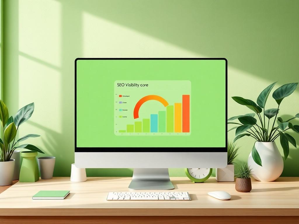 A clean and green workspace with a professional-looking computer screen displaying a colorful SEO visibility score graph. The background features soft green tones, natural lighting, and minimalist decor to create a calm and inviting atmosphere.