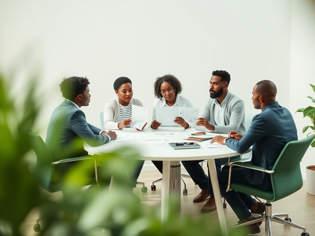 A collaborative team meeting around a workspace table, reviewing marketing strategies and performance reports. The team, consisting of black professionals, appears engaged, thoughtful, and aligned, showcasing teamwork and expertise. The scene is captured from a distance, creating a sense of warmth and inclusion, with soft natural lighting and green tones that enhance the atmosphere of strategic planning and collaboration.
