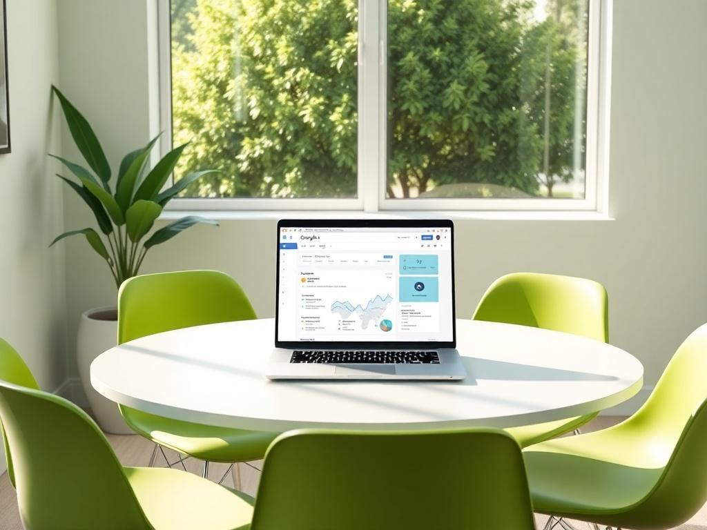 A bright and airy meeting room featuring a round table with green chairs, a laptop open displaying a Google Ads dashboard, and a window with a view of lush greenery outside, creating a harmonious and productive environment.