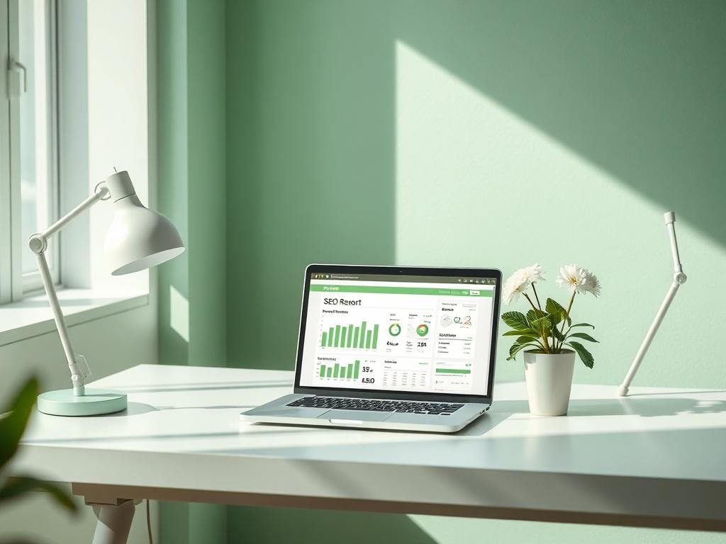 A modern workspace with a sleek desk and a high-end laptop showing a detailed SEO report. The space is decorated with soft green accents and fresh flowers, conveying a sense of professionalism and creativity.