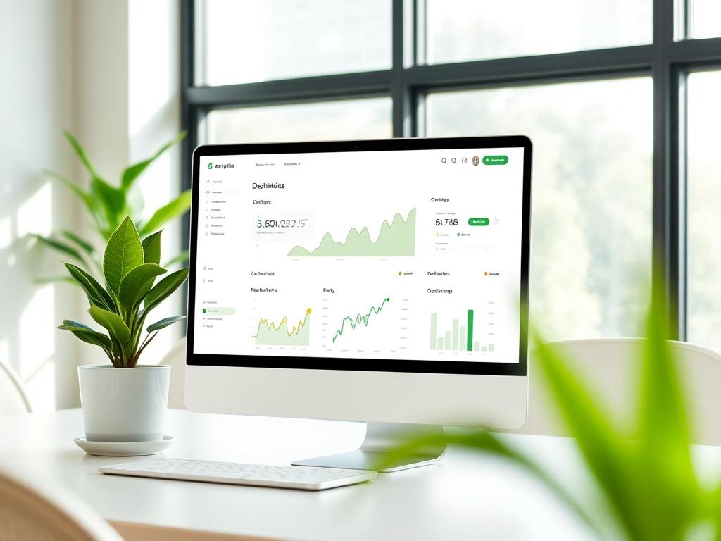 A clean and inviting office space with a bright green plant on a desk, showcasing a laptop displaying a website analytics dashboard. The setting is minimalistic, highlighting a professional atmosphere with natural light streaming through large windows.
