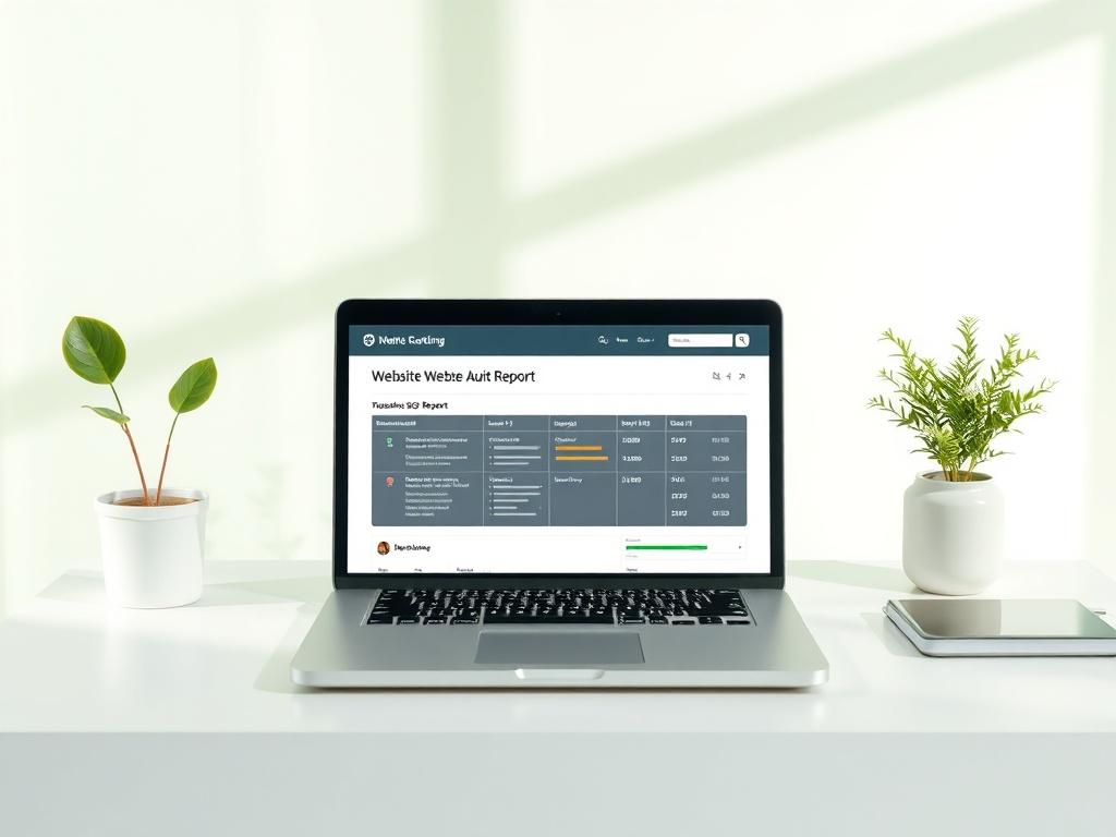 A clean and modern workspace featuring a professional-looking laptop displaying a website SEO audit report. The scene should have soft green tones with natural lighting, creating a fresh and inviting atmosphere. The background should be minimalistic, highlighting the laptop as the main subject.