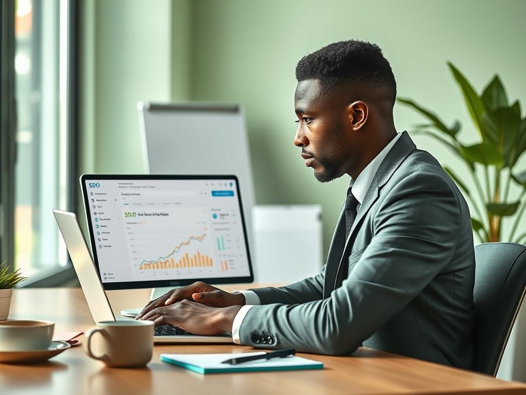 **AI Image Generation Prompt:**
Create a realistic high-resolution photo that captures the essence of the blog titled "SEO in Nigeria: What Actually Works vs. What Looks Good." 
**Composition**: The composition should feature a single, focused subject—a thoughtful business professional, either male or female, in a well-lit office environment. The subject should be seated at a desk, looking intently at a laptop screen, which showcases a clean SEO analytics dashboard (without visible text or recognizable da