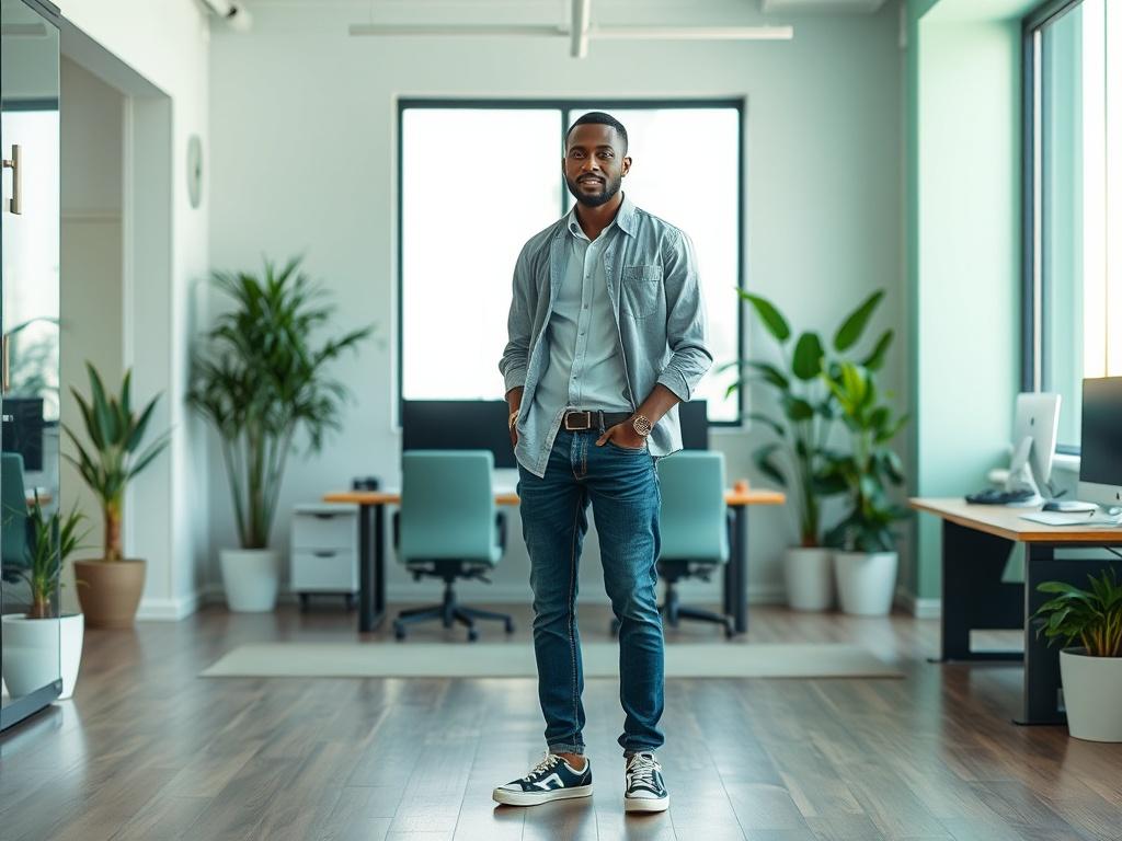 A stylish Nigerian tech entrepreneur wearing casual cool attire, standing confidently in a modern office space. The outfit features a smart-casual combination of a well-fitted shirt, trendy jeans, and comfortable sneakers. The background showcases a clean and stylish workspace with natural lighting, soft green tones, and minimalistic decor, creating a professional yet approachable atmosphere.