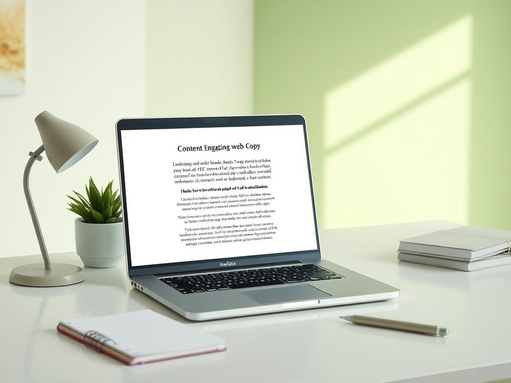 A fresh and inviting scene featuring a minimalistic workspace with a clean desk, a laptop open displaying content creation software, and a notepad with a pen beside it. The background should be softly lit with natural lighting and soft green tones, creating a professional yet approachable atmosphere. The focus should be on the laptop screen, showcasing a snippet of engaging web copy, with a subtle hint of greenery in the background to evoke creativity and growth.