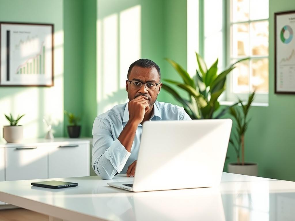 **AI Image Generation Prompt:**

Create a realistic high-resolution photo that vividly illustrates the concept of "The Hidden Cost of Cheap SEO Campaigns." The composition should be simple and clear, featuring a single subject in a professional yet inviting atmosphere.

Subject Matter: Depict a thoughtful business professional, a middle-aged Nigerian man or woman, seated at a sleek, minimalistic desk with a laptop open in front of them. Their expression should convey a mix of concern and contemplation, emph