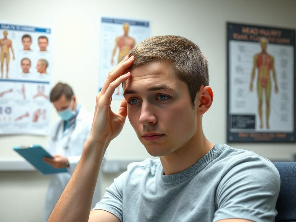**AI Image Generation Prompt:**

Create a realistic high-resolution photo of a concerned individual seated in a well-lit medical examination room. The subject is a young adult, gender-neutral, with short hair, gently touching their forehead where a visible scalp cut is present. The cut should appear clean and fresh, indicating a recent injury. Their expression should convey worry and uncertainty, reflecting the seriousness of their condition.

In the background, include medical charts and anatomical posters