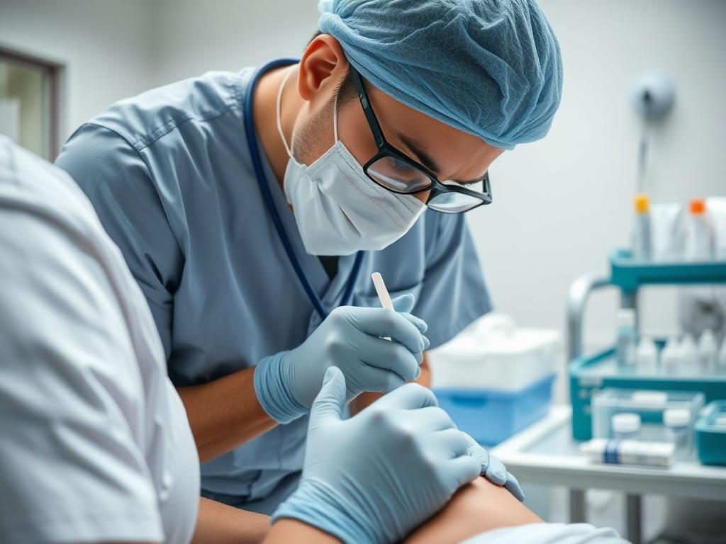 Create a realistic high-resolution photo that visually represents the theme of "Your Dressing Isn’t Enough: What Daily Wound Care Actually Involves." The composition should feature a single, focused subject: a healthcare professional in a clinical setting, demonstrating the proper application of a wound care technique. The healthcare professional should be depicted wearing scrubs and gloves, concentrating intensely on a patient’s wound (the patient’s face and body should be partially out of focus to priorit