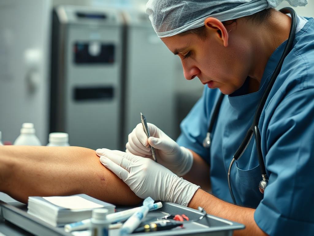Create a realistic, high-resolution close-up image that visually represents the concept of advanced wound care services. The focal subject of the image should be a skilled healthcare professional, preferably a nurse or doctor, focusing intently on the treatment of a chronic wound. Capture this individual in a clinical setting, wearing clean, professional attire such as scrubs and gloves to reflect a sterile environment.

The background should be softly blurred to emphasize the practitioner's activities with