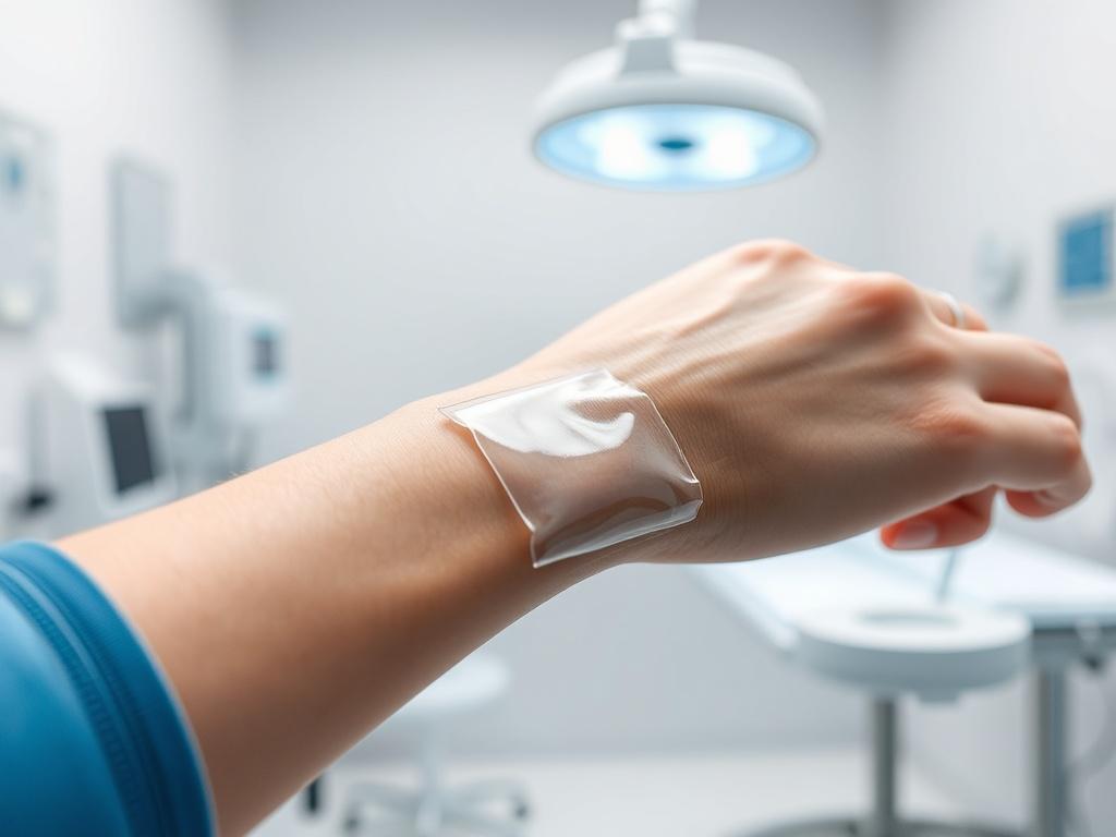 Create a highly detailed, hyper-realistic image focused on a single subject: a clear, glistening hydrogel dressing applied to a healing wound on a patient's forearm. The dressing should showcase a smooth texture and have a slightly translucent appearance, reflecting light to emphasize its hydrating properties. The skin surrounding the wound should appear healthy, indicating effective healing.

In the background, use a softly blurred clinical setting that suggests an advanced wound care environment, such as 