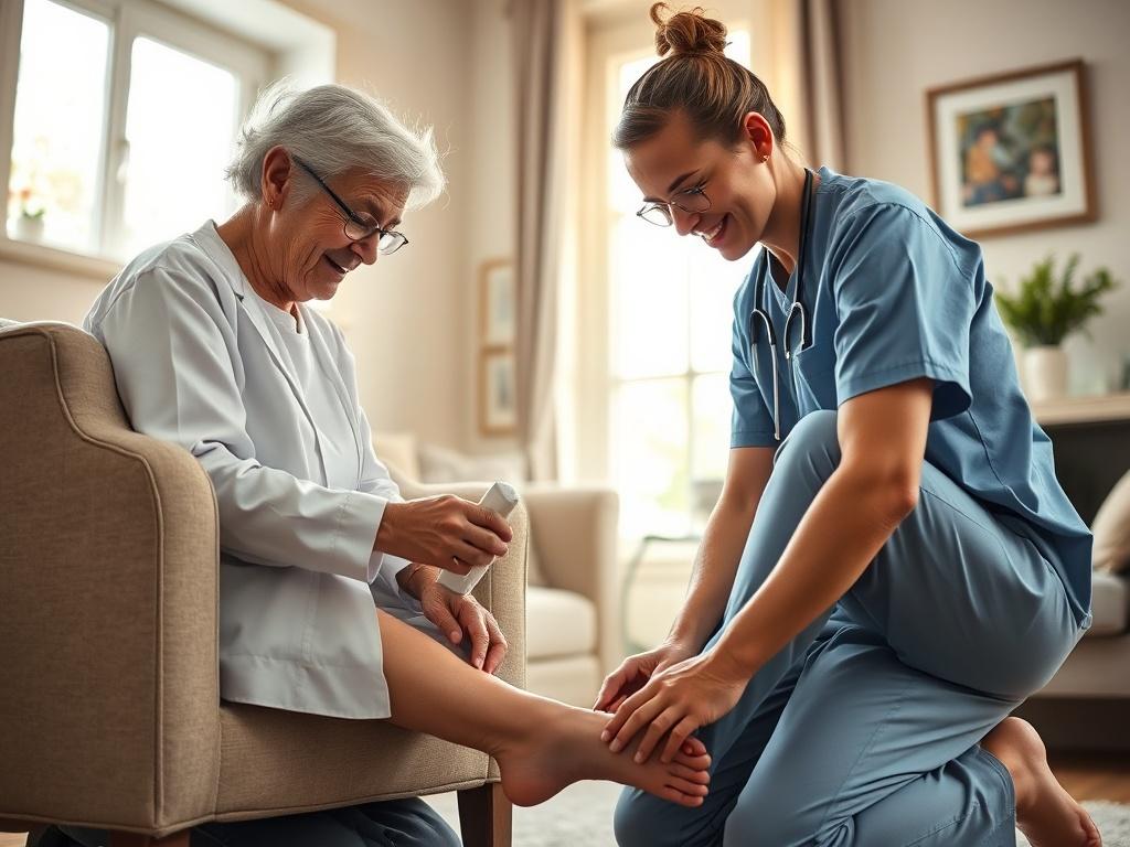 Create a hyper-realistic, high-resolution photo showcasing a mobile wound care professional providing care to a patient in a home setting. Focus on one central subject: a compassionate healthcare worker in a crisp, professional uniform tending to a diabetic patient with a wound on their foot. The healthcare worker should be kneeling beside a comfortable chair, gently cleaning the wound with care and attention. 

The patient, an elderly individual, should look reassured and comfortable, displaying trust in t