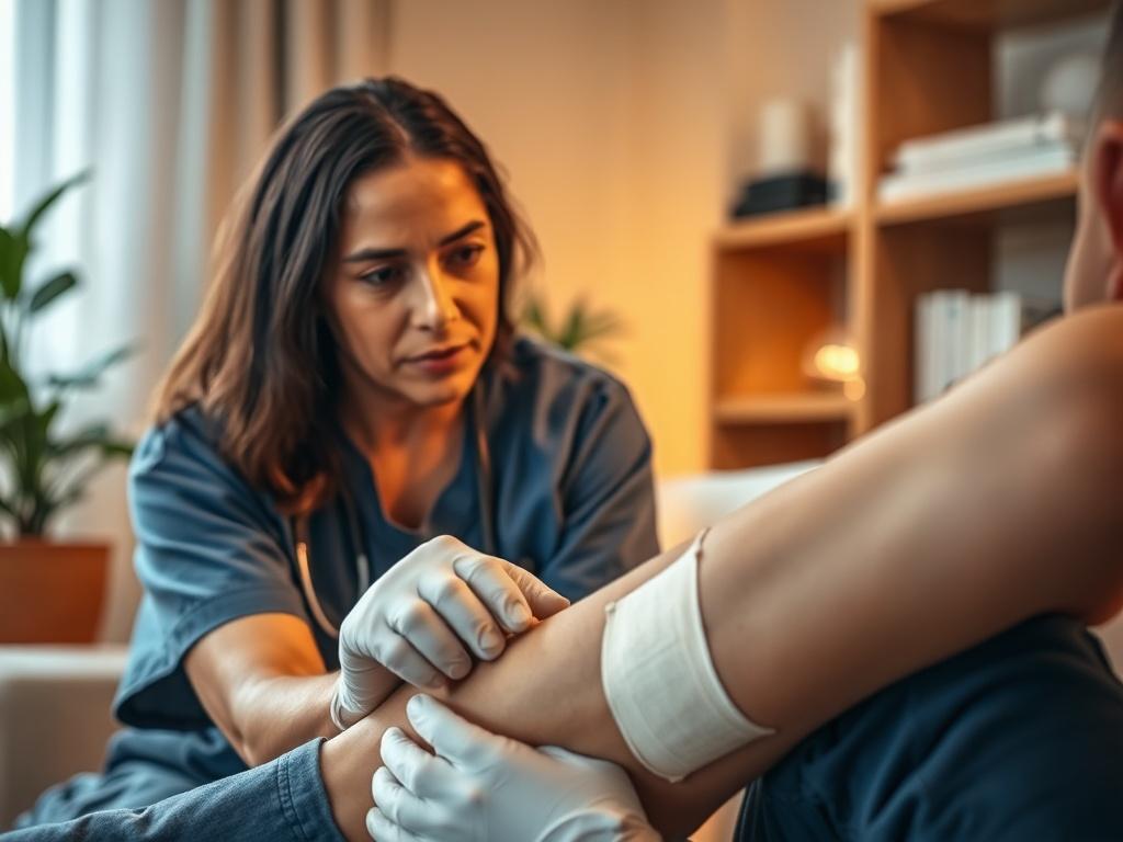 **Prompt for AI Image Generator:**

Create a realistic high-resolution photo of a mobile wound care specialist examining a patient's wound in a cozy living room setting. The specialist, a middle-aged Hispanic woman wearing scrubs and gloves, is focused on a close-up view of a bandaged wound on the patient's leg. The patient's face is partially visible, showing a look of concern mixed with trust. 

The background should include soft lighting and simple home decor, such as a potted plant and a bookshelf, crea