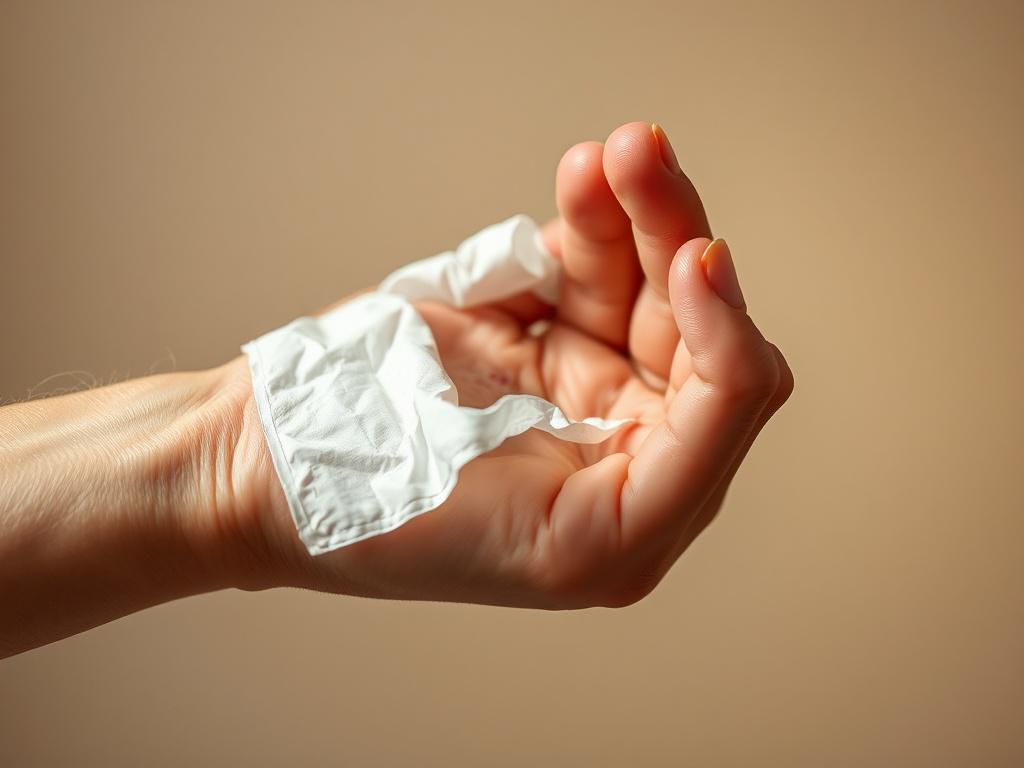 Create a realistic, high-resolution close-up photo of a single adult hand gently holding a partially unwrapped wound dressing, revealing a healing wound underneath. The wound shows subtle signs of irritation and slight redness around the edges, illustrating the impact of missing even one day of proper wound care. The hand is positioned centrally against a softly blurred neutral background with warm, natural lighting that emphasizes the texture of the skin and dressing. Use a 45mm f/1.2 lens style to achieve