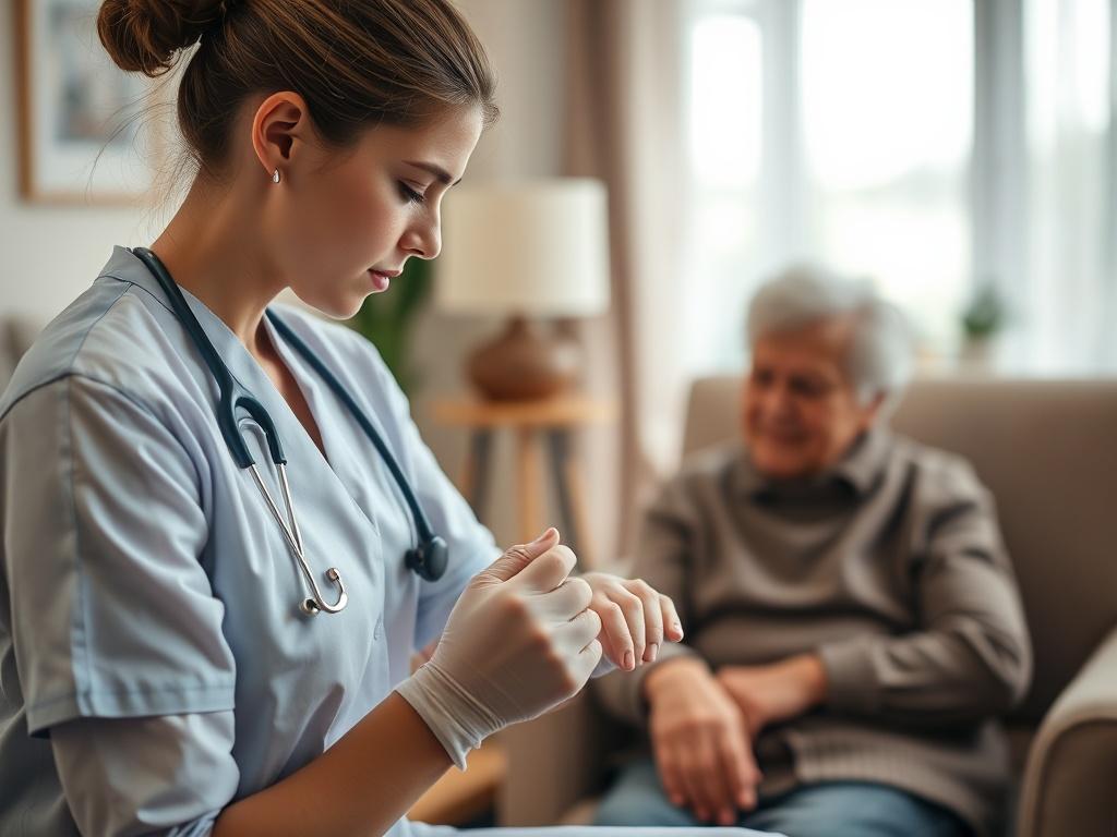 Create a highly realistic high-resolution photo depicting a close-up shot of a compassionate healthcare professional, ideally a nurse or wound care specialist, in a warm and inviting home setting. The subject should be focused and engaged, providing personalized wound care to an elderly patient comfortably seated in a cozy living room. The specialist should be gently tending to a small wound on the patient's arm, showcasing the attentive and caring approach of mobile wound care services. 

In the background