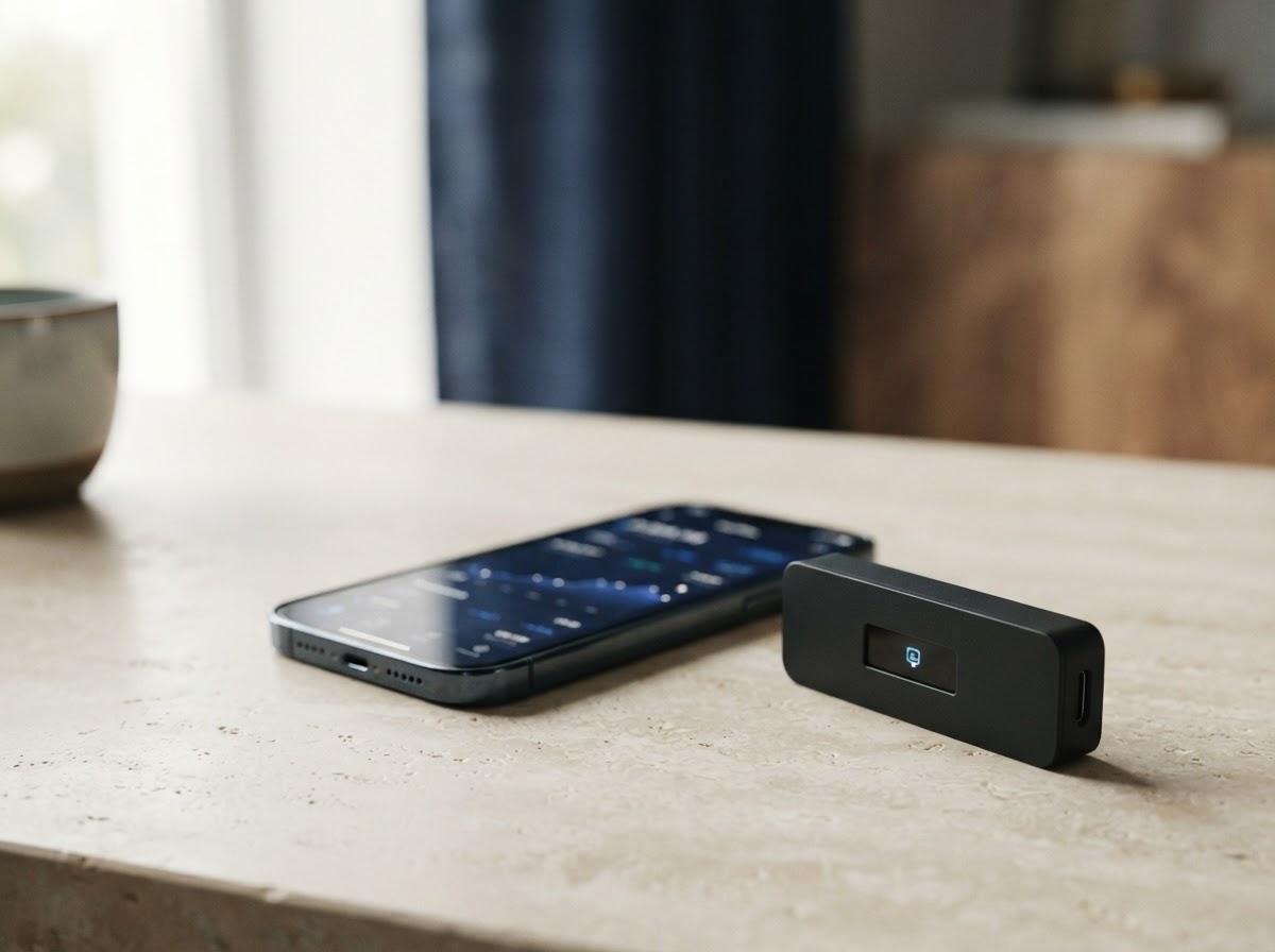 A compact hardware wallet beside a smartphone on a bright desk