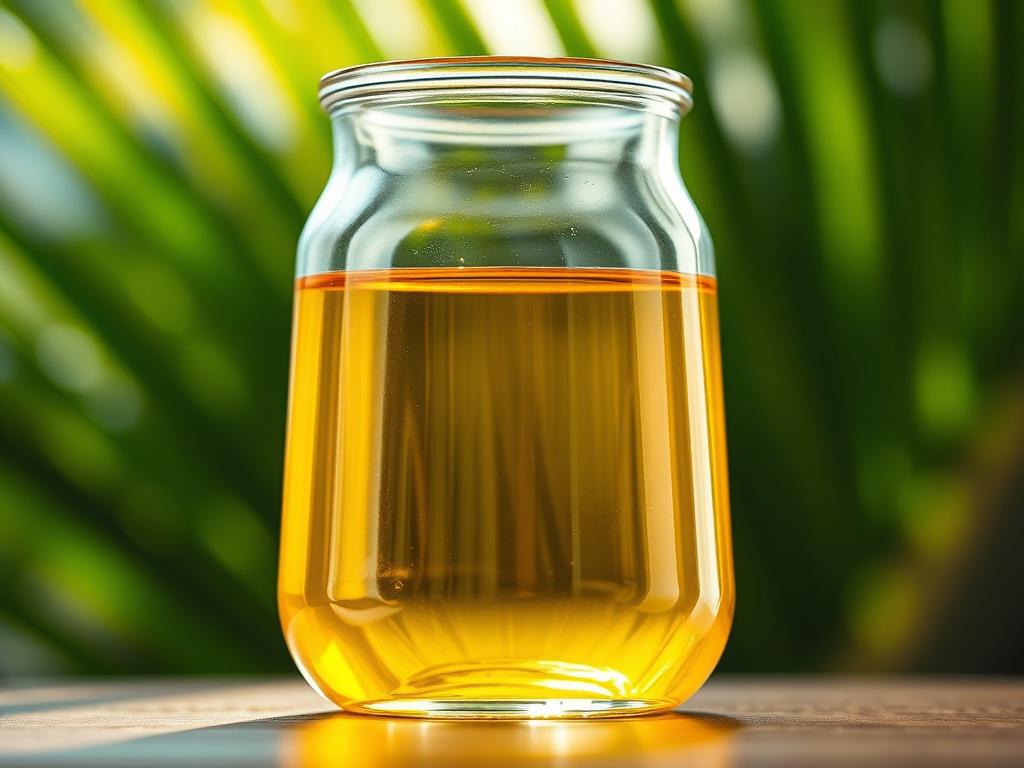A hyper-realistic close-up shot of a transparent glass container filled with golden refined palm oil, illuminated by soft natural light. The background is blurred green palm leaves with a color palette compatible with rgb(50, 170, 39). The image highlights the oil's clarity and rich color, captured with a 45mm f/1.2 lens focusing on the container's surface reflections.